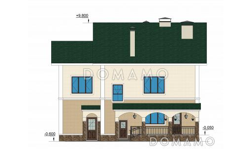 Проект двухэтажного коттеджа с цоколем, с гаражом и отдельным входом в кабинет / Фасад 2