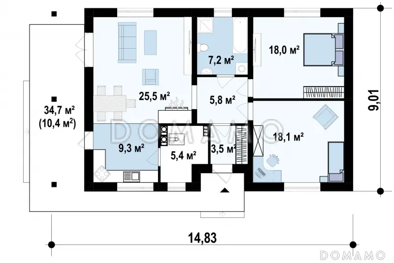 Проект компактного одноэтажного дома из газобетона с двумя спальнями и боковой террасой  / План 1 этажа