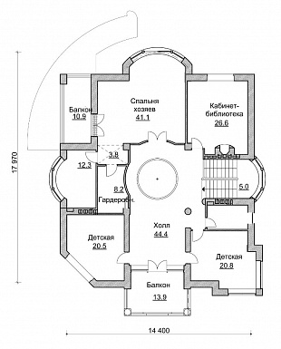 Проект коттеджа в стиле модерн с парадным балконом / План 2 этажа Проект коттеджа в стиле модерн с парадным балконом / План 2 этажа