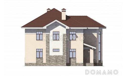 Проект солидного загородного дома с вторым светом и витражным остеклением / фасад слева