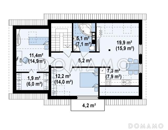 Проект одноэтажного мансардного дома из газобетона с гаражом, для двух семей на разных уровнях  / План мансардного этажа