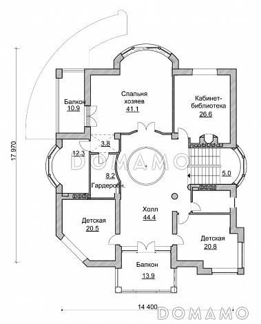 Проект коттеджа в стиле модерн с парадным балконом / План 2 этажа Проект коттеджа в стиле модерн с парадным балконом / План 2 этажа