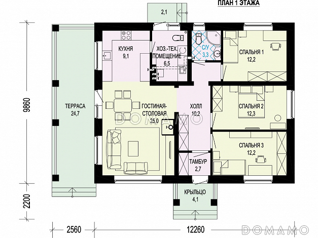 Проект одноэтажного дома с тремя спальнями, отдельным входом в техническое помещение, террасой / План 1 этажа