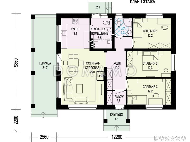 Проект одноэтажного дома с тремя спальнями, отдельным входом в техническое помещение, террасой / План 1 этажа