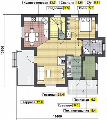 Проект дома с крытой террасой, гостиной с камином, спальней на первом этаже, балконом / План 1 этажа Проект дома с крытой террасой, гостиной с камином, спальней на первом этаже, балконом / План 1 этажа