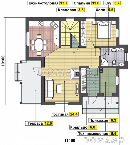 Проект дома с крытой террасой, гостиной с камином, спальней на первом этаже, балконом / План 1 этажа Проект дома с крытой террасой, гостиной с камином, спальней на первом этаже, балконом / План 1 этажа