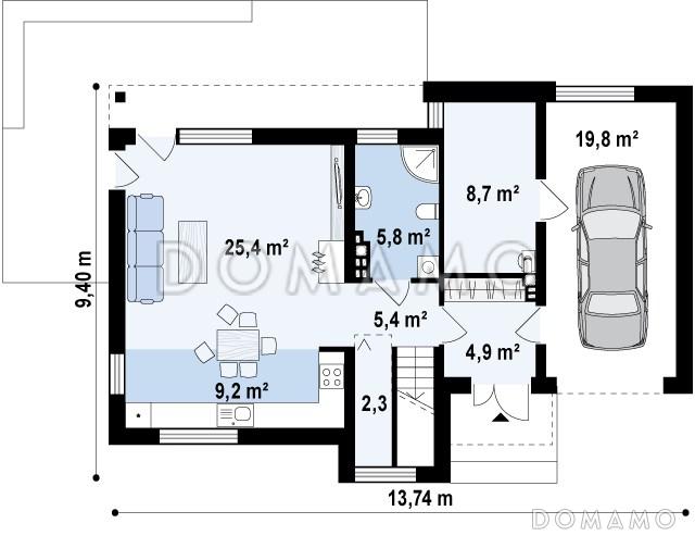 Проект современного двухэтажного дома из газобетона с техническим помещением, гаражом и открытой террасой на втором этаже / План 1 этажа