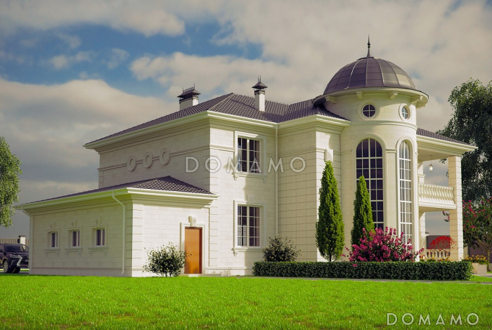 Проект двухэтажного дома в византийском стиле из газобетона с двумя круглыми эркерами и гаражом Проект двухэтажного дома в византийском стиле из газобетона с двумя круглыми эркерами и гаражом