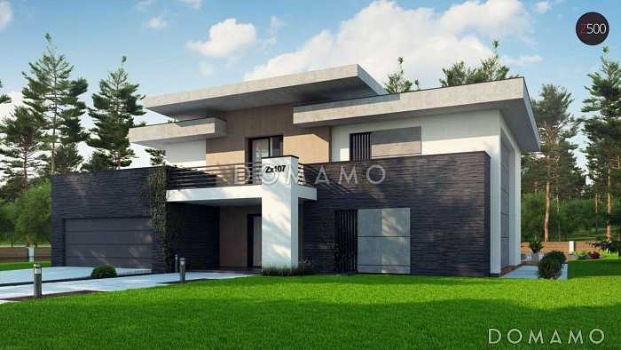 Проект современного просторного двухэтажного дома из кирпича с гаражом и просторными террасами на обоих уровнях