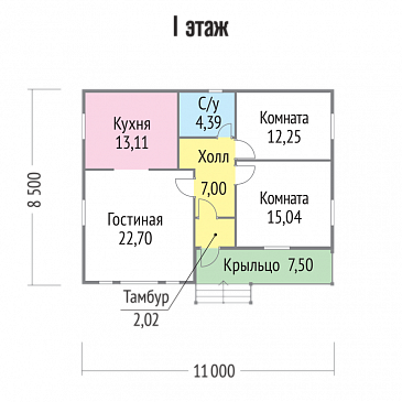 Проект бюджетного дома из клееного бруса с небольшой крытой террасой / План 1 этажа Проект бюджетного дома из клееного бруса с небольшой крытой террасой / План 1 этажа
