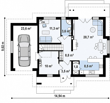 Проект классического мансардного дома из газобетона с кабинетом и большим техническим помещением и гаражом / План 1 этажа Проект классического мансардного дома из газобетона с кабинетом и большим техническим помещением и гаражом / План 1 этажа