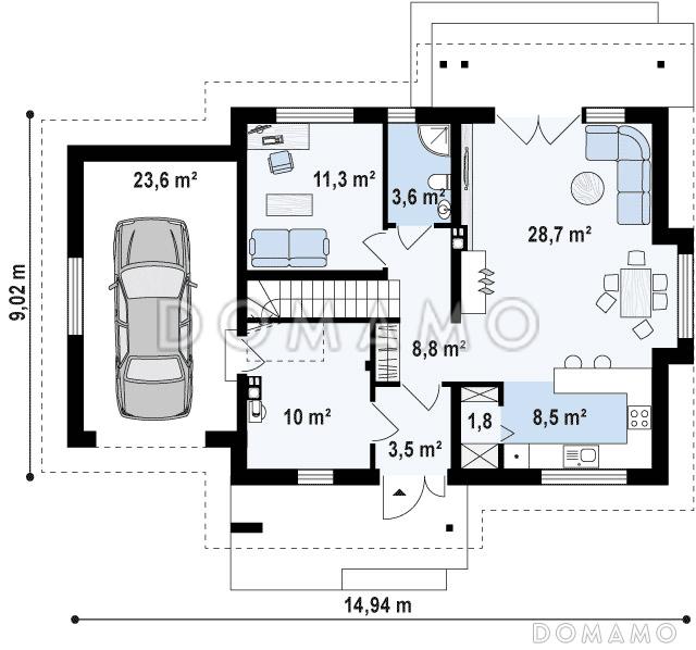 Проект классического мансардного дома из газобетона с кабинетом и большим техническим помещением и гаражом / План 1 этажа