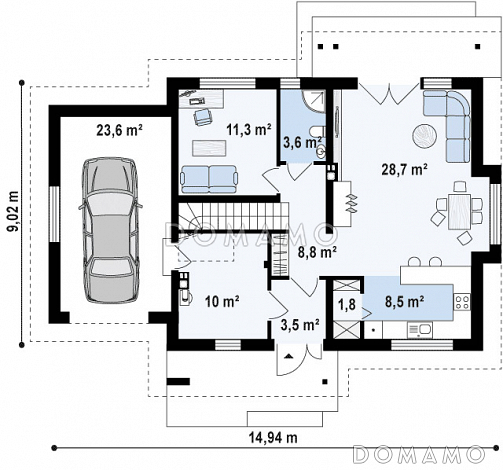 Проект классического мансардного дома из газобетона с кабинетом и большим техническим помещением и гаражом / План 1 этажа Проект классического мансардного дома из газобетона с кабинетом и большим техническим помещением и гаражом / План 1 этажа