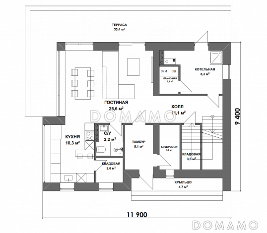 Проект двухэтажного дома в стиле хай-тек с террасой, 3 спальнями и личными гардеробными / План 1 этажа
