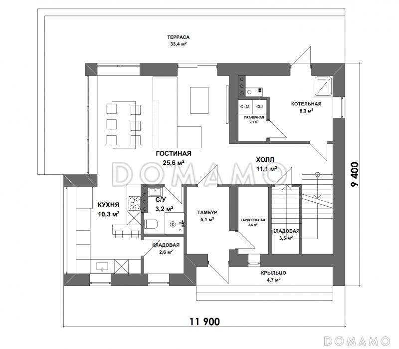 Проект двухэтажного дома в стиле хай-тек с террасой, 3 спальнями и личными гардеробными / План 1 этажа