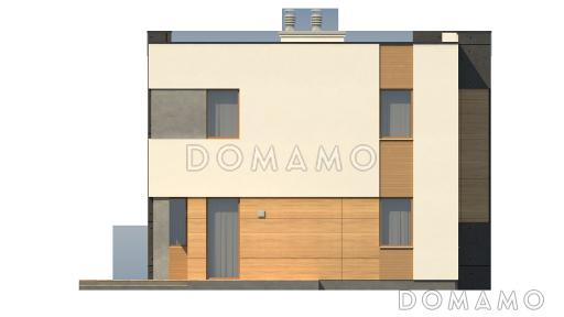 Проект современного двухэтажного дома из кирпича с техническим помещением, гаражом и открытой террасой на втором этаже / Фасад 4