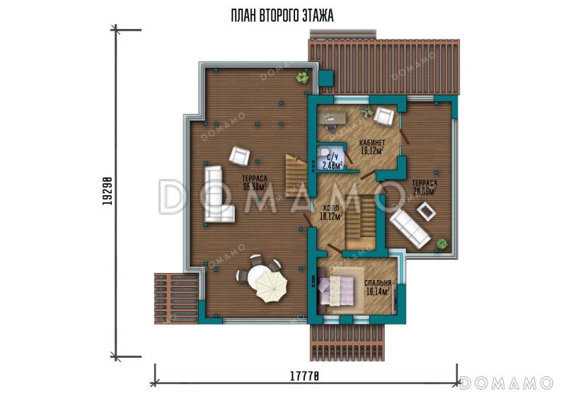 Проект современного дома с большими террасами на втором этаже и эксплуатируемой кровлей / План 2 этажа