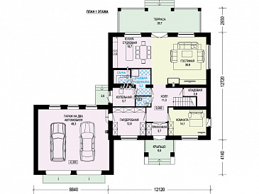 Проект дома с гаражом на две машины, сауной, спальнями на втором этаже с выходом на террасу / План 1 этажа Проект дома с гаражом на две машины, сауной, спальнями на втором этаже с выходом на террасу / План 1 этажа
