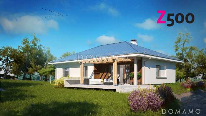 Проект практичного одноэтажного дома из кирпича с двумя частично крытыми террасами Проект практичного одноэтажного дома из кирпича с двумя частично крытыми террасами