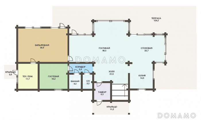 Проект большого деревянного дома из клееного бруса с бильярдной / План 1 этажа Проект большого деревянного дома из клееного бруса с бильярдной / План 1 этажа