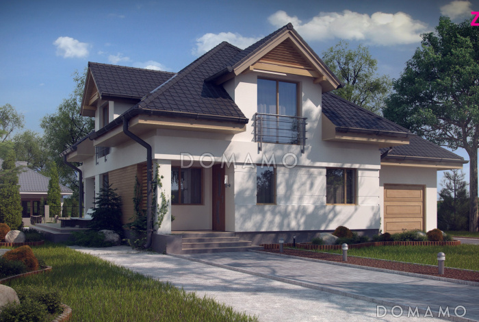 Проект одноэтажного мансардного дома из кирпича с кабинетом, гаражом и комнатой над гаражом