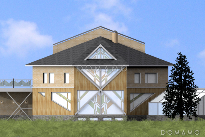 Проект двухэтажного дома с цокольным этажом, гаражом и бассейном