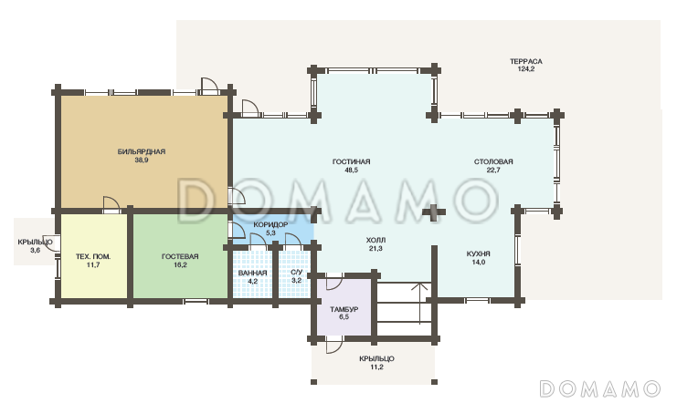 Проект большого деревянного дома из клееного бруса с бильярдной / План 1 этажа Проект большого деревянного дома из клееного бруса с бильярдной / План 1 этажа