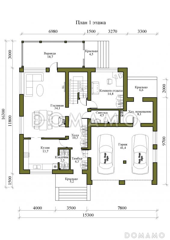 Проект двухэтажного дома с подвалом, гаражом и верандой / План 1 этажа