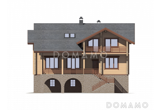 Проект дома с цокольным этажом, тренажерным залом, сауной и гаражом на два автомобиля / Фасад 2