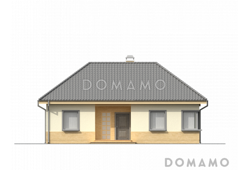 Проект одноэтажного дома из кирпича с кирпичными фасадами с тремя спальнями, светлой гостиной и угловым окном в кухне / Фасад 4