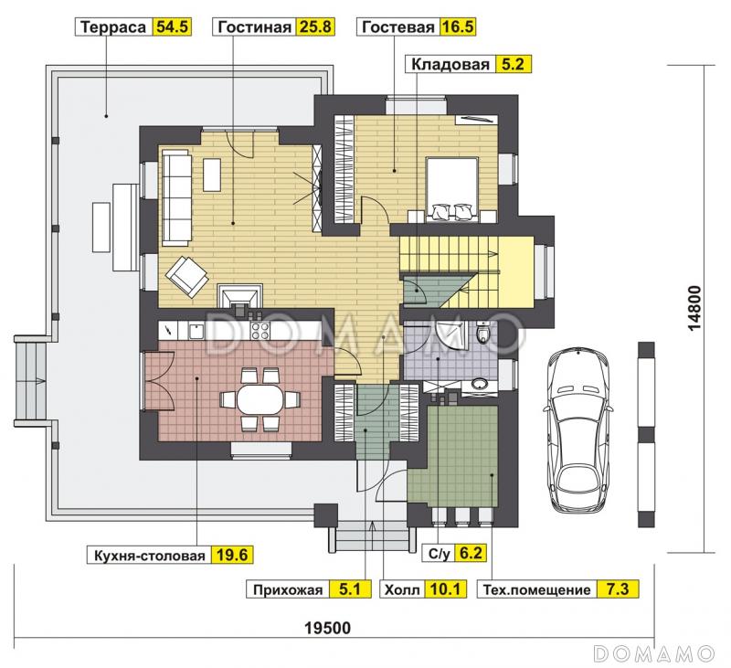 Проект каркасного горного шале с балюстрадой и навесом / План 1 этажа
