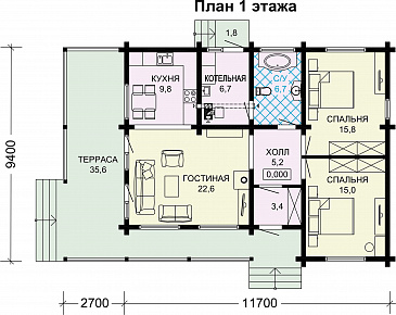 Проект деревянного одноэтажного дома с 2 спальнями / План 1 этажа Проект деревянного одноэтажного дома с 2 спальнями / План 1 этажа