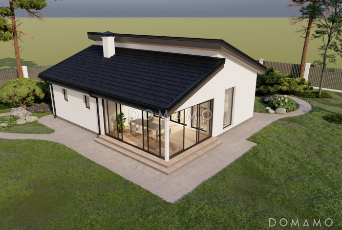 Проект одноэтажной бани в стиле хай-тек со скатной кровлей Проект одноэтажной бани в стиле хай-тек со скатной кровлей