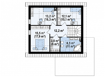 Проект одноэтажного мансардного дома из газобетона с кабинетом, изолированной кухней и гаражом / План мансардного этажа