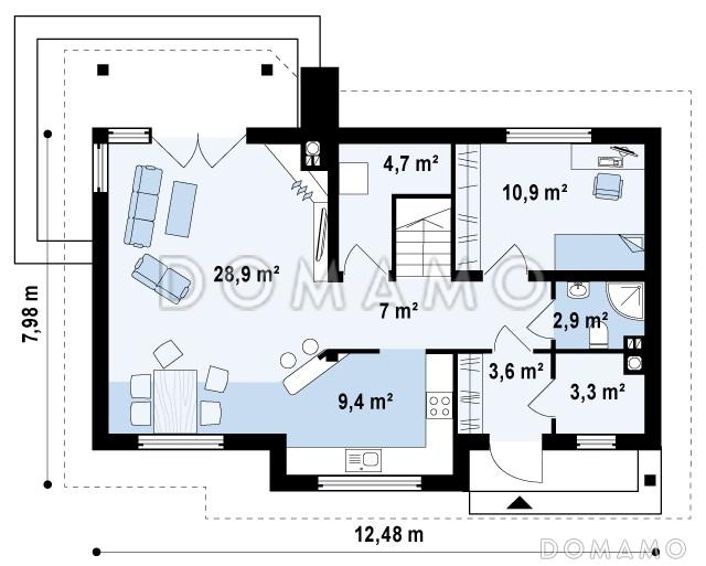 Проект традиционного мансардного дома из кирпича с дополнительной спальней на первом этаже / План 1 этажа