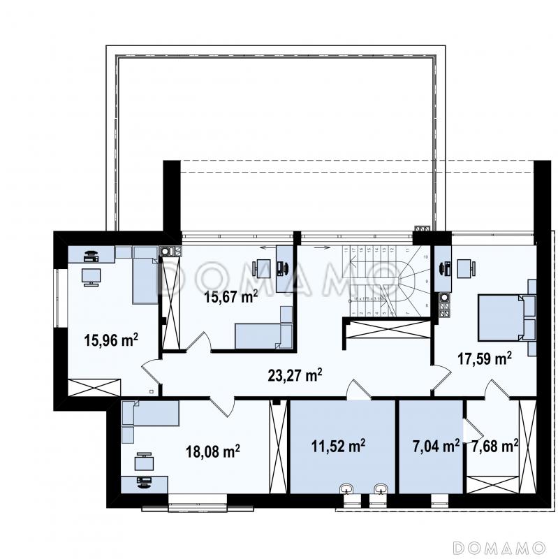 Проект просторного современного двухэтажного дома из кирпича с плоской крышей,  с пятью комнатами, гаражом и террасой на втором этаже / План 2 этажа
