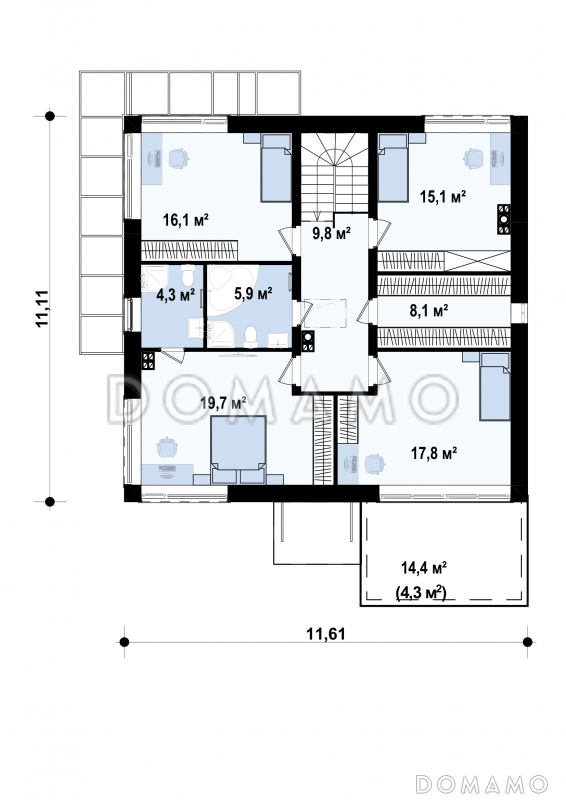Проект двухэтажного дома из кирпича с четырьмя спальнями и удлинённым двухместным гаражом / План 2 этажа