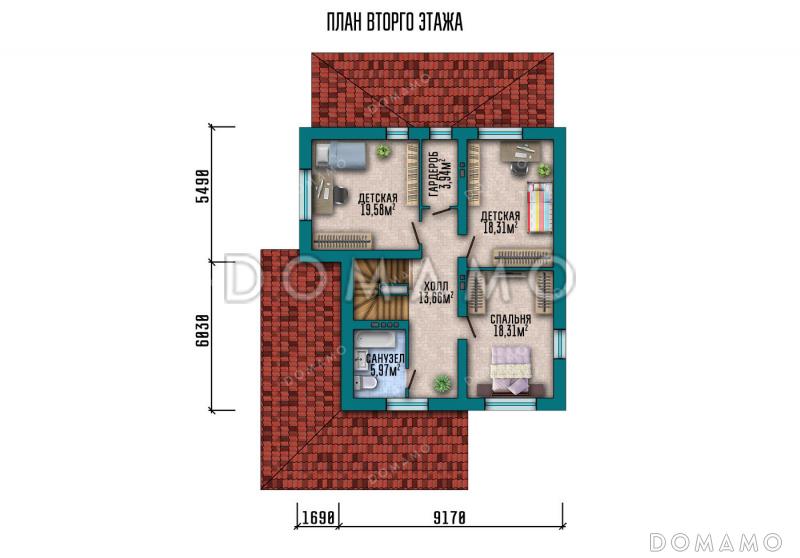 Проект загородного дома с тремя спальнями на мансарде, кабинетом и двумя террасами / План мансардного этажа
