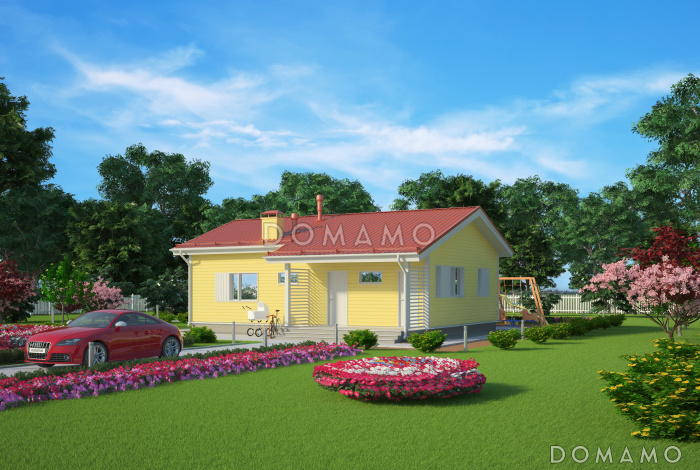 Проект одноэтажного каркасного дома с двумя спальнями и небольшой террасой Проект одноэтажного каркасного дома с двумя спальнями и небольшой террасой