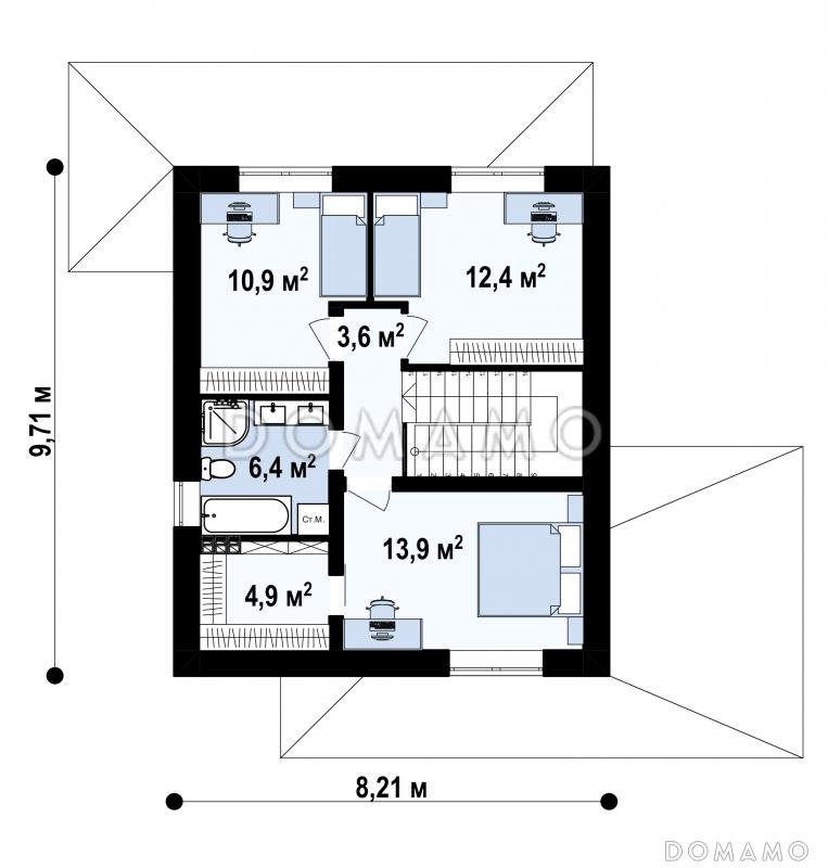 Проект дома с кабинетом, объединенной кухней и гостиной, террасой, спальнями на втором этаже / План 2 этажа