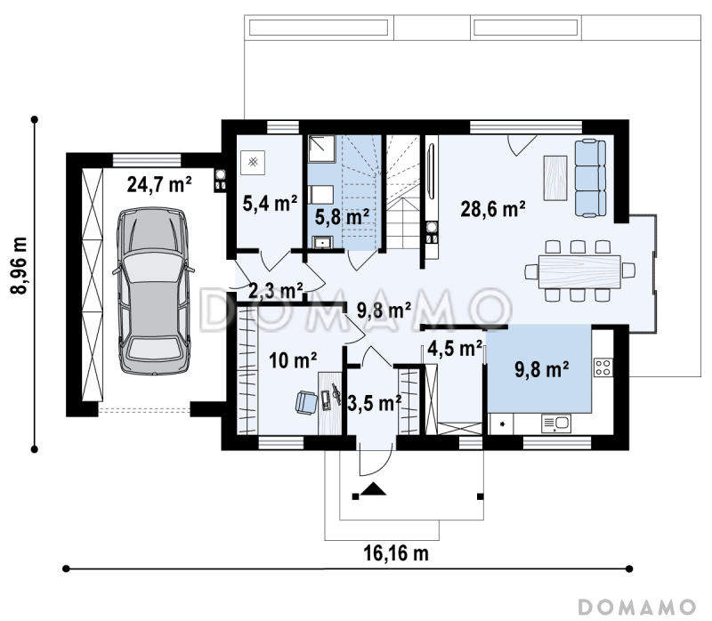 Проект одноэтажного мансардного дома из кирпича с кабинетом, балконом и гаражом / План 1 этажа