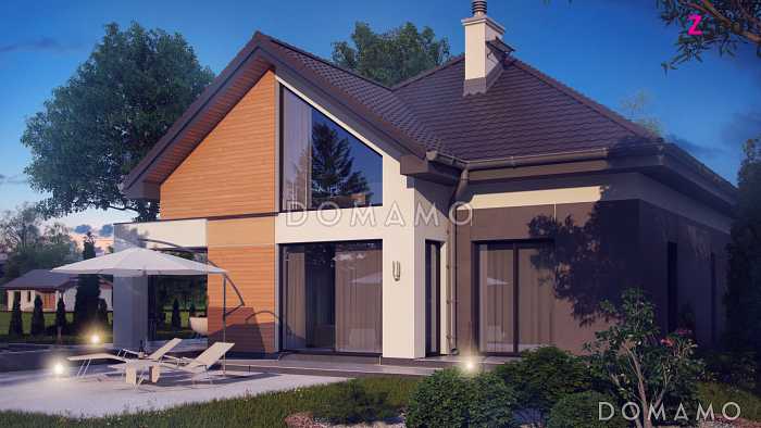 Проект одноэтажного мансардного дома из кирпича с гаражом и тремя спальнями и балконом