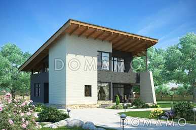 Проект загородного дома с косой крышей, открытой террасой, двумя балконами, панорамными окнами Проект загородного дома с косой крышей, открытой террасой, двумя балконами, панорамными окнами