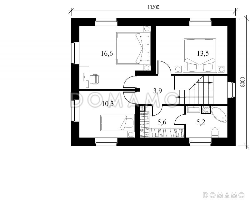 Проект небольшого двухэтажного кирпичного коттеджа с террасой при кухне / План 2 этажа