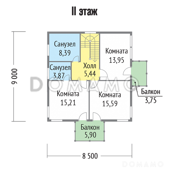 Проект каркасного дома с двумя небольшими балконами на втором этаже / План 2 этажа