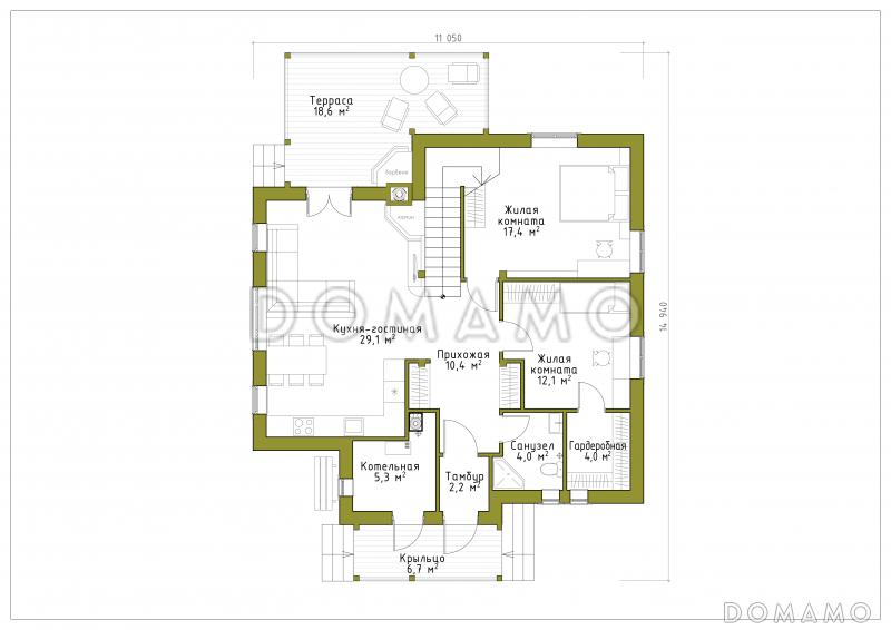 Проект коттеджа с эргономичной планировкой и террасой с барбекю / План 1 этажа