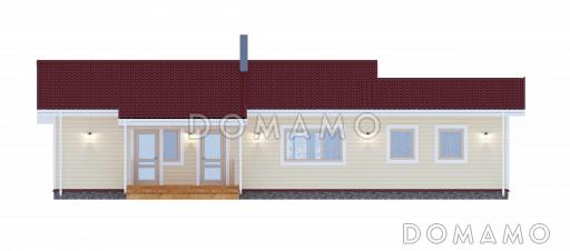 Проект уютного одноэтажного каркасного дома с большой открытой террасой / Фасад 3 Проект уютного одноэтажного каркасного дома с большой открытой террасой / Фасад 3