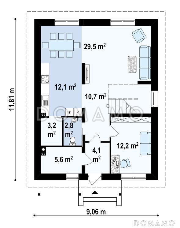 Проект современного двухэтажного дома из кирпича с четырьмя спальнями и кабинетом, без гаража / План 1 этажа