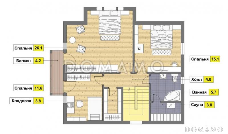 Проект каркасного дома в стиле фахверк с сауной на мансардном этаже / План мансардного этажа