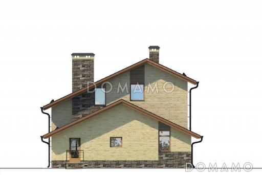 Проект загородного дома с открытой террасой, сауной и душевой, гостиной с камином / Фасад 4